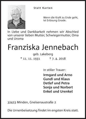 Anzeige von Franziska Jennebach von Mindener Tageblatt