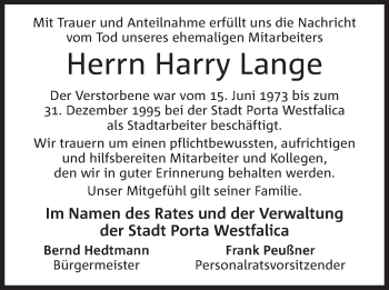 Anzeige von Harry Lange von Mindener Tageblatt