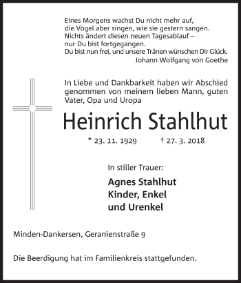 Anzeige von Heinrich Stahlhut von Mindener Tageblatt