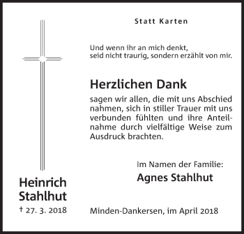 Anzeige von Heinrich Stahlhut von Mindener Tageblatt