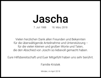 Anzeige von Jascha Kristek von Mindener Tageblatt