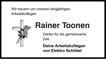 Anzeige von Rainer Toonen von Mindener Tageblatt