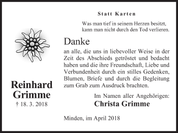 Anzeige von Reinhard Grimme von Mindener Tageblatt