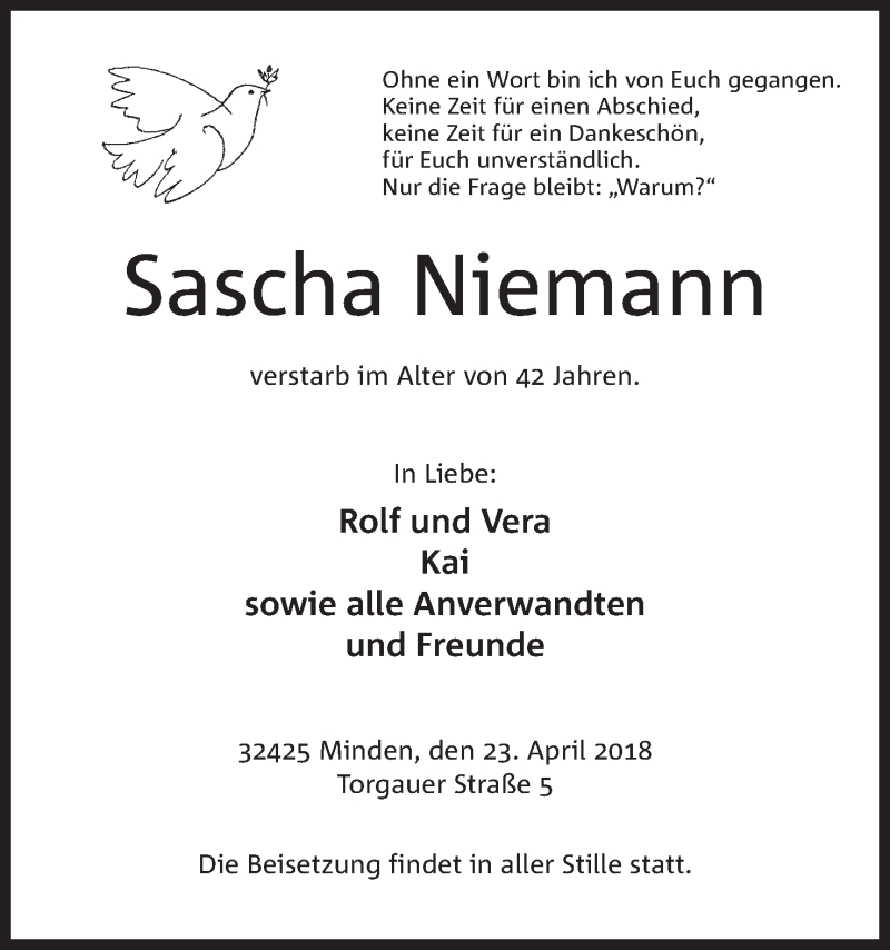  Traueranzeige für Sascha Niemann vom 28.04.2018 aus Mindener Tageblatt