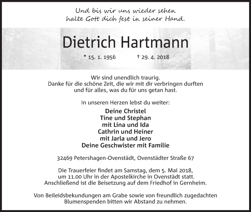  Traueranzeige für Dietrich Hartmann vom 03.05.2018 aus Mindener Tageblatt