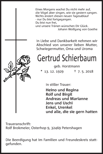Anzeige von Gertrud Schierbaum von Mindener Tageblatt