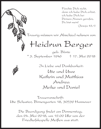 Anzeige von Heidrun Berger von Mindener Tageblatt