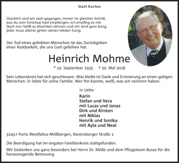 Anzeige von Heinrich Mohme von Mindener Tageblatt