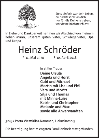 Anzeige von Heinz Schröder von Mindener Tageblatt