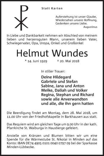 Anzeige von Helmut Wundes von Mindener Tageblatt