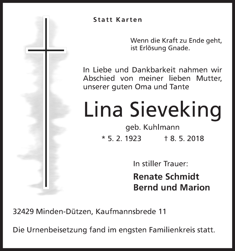  Traueranzeige für Lina Sieveking vom 26.05.2018 aus Mindener Tageblatt