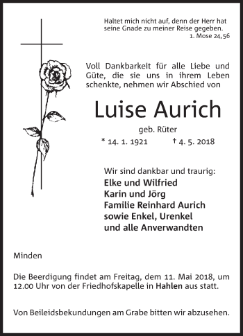 Anzeige von Luise Aurich von Mindener Tageblatt