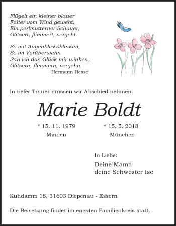 Anzeige von Marie Boldt von Mindener Tageblatt