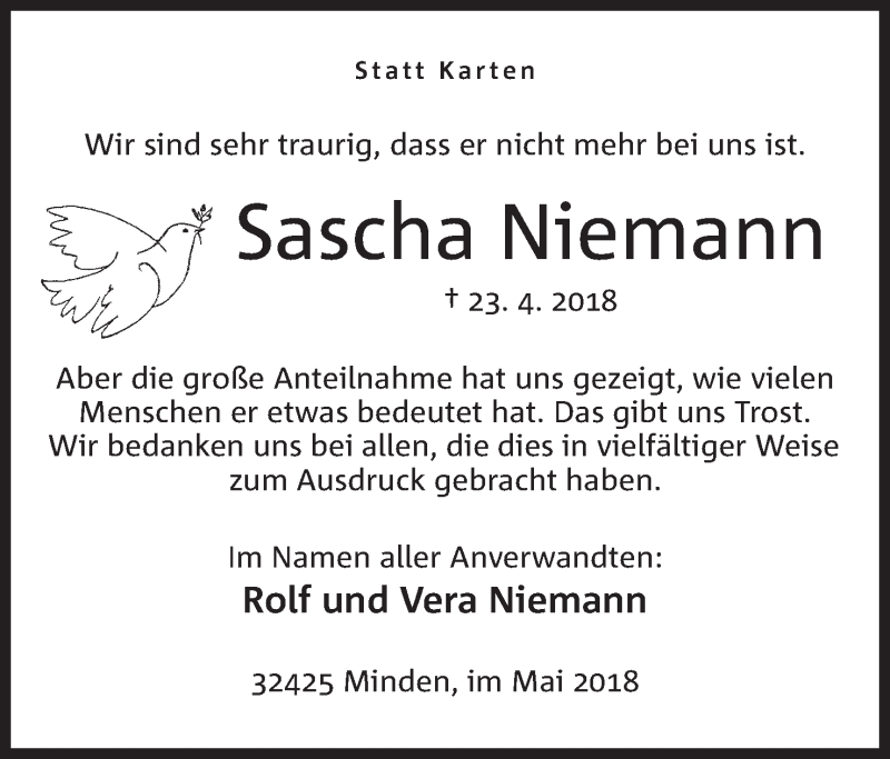  Traueranzeige für Sascha Niemann vom 19.05.2018 aus Mindener Tageblatt