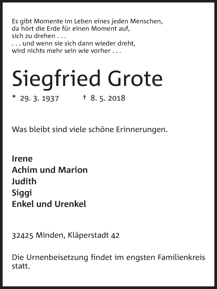  Traueranzeige für Siegfried Grote vom 12.05.2018 aus Minden