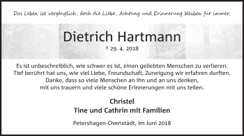Anzeige von Dietrich Hartmann von Mindener Tageblatt