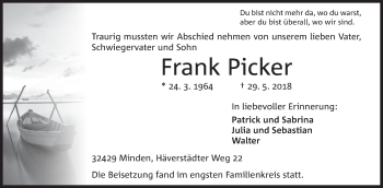 Anzeige von Frank Picker von Mindener Tageblatt
