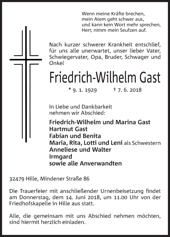  Traueranzeige für Friedrich-Wilhelm Gast vom 09.06.2018 aus Mindener Tageblatt