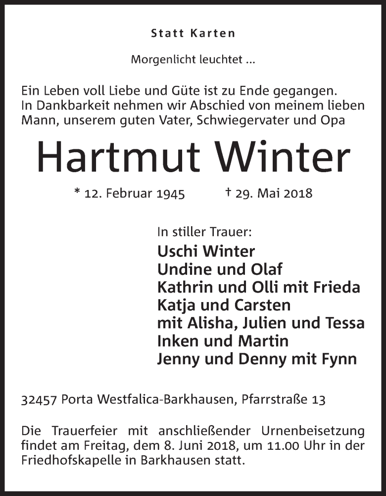  Traueranzeige für Hartmut Winter vom 02.06.2018 aus Mindener Tageblatt