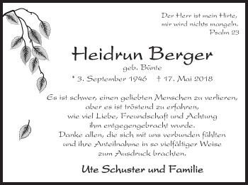 Anzeige von Heidrun Berger von Mindener Tageblatt