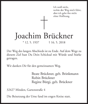 Anzeige von Joachim Brückner von Mindener Tageblatt