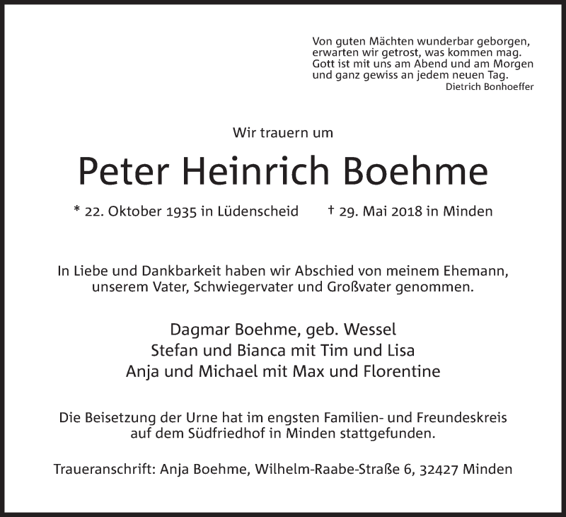  Traueranzeige für Peter Heinrich Boehme vom 23.06.2018 aus Mindener Tageblatt