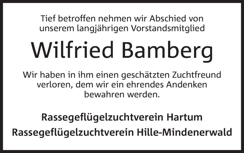  Traueranzeige für Wilfried Bamberg vom 30.06.2018 aus Mindener Tageblatt