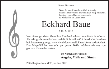 Anzeige von Eckhard Baue von Mindener Tageblatt