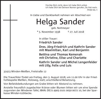 Anzeige von Helga Sander von Mindener Tageblatt