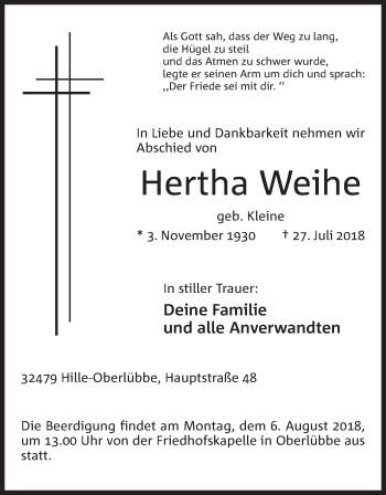 Anzeige von Hertha Weihe von Mindener Tageblatt