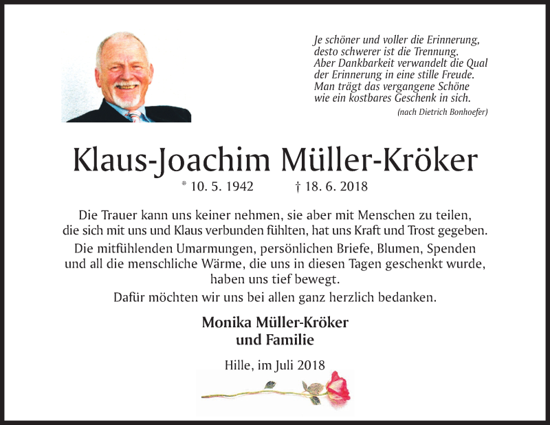  Traueranzeige für Klaus-Joachim Müller-Kröker vom 28.07.2018 aus Mindener Tageblatt