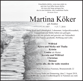 Anzeige von Martina Köker von Mindener Tageblatt