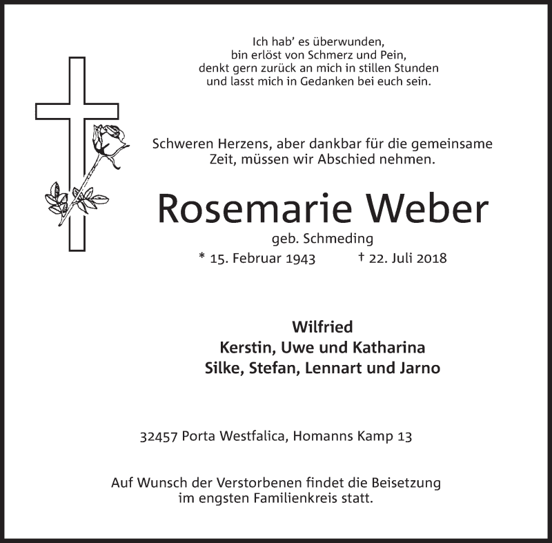  Traueranzeige für Rosemarie Weber vom 25.07.2018 aus Mindener Tageblatt
