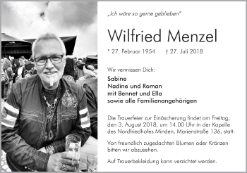 Anzeige von Wilfried Menzel von Mindener Tageblatt