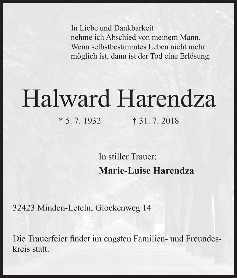  Traueranzeige für Halward Harendza vom 04.08.2018 aus Mindener Tageblatt