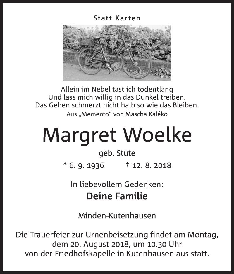  Traueranzeige für Margret Woelke vom 16.08.2018 aus Mindener Tageblatt