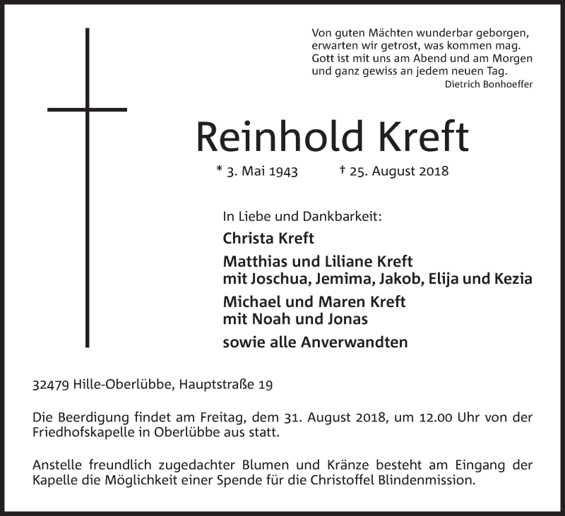  Traueranzeige für Reinhold Kreft vom 28.08.2018 aus Mindener Tageblatt