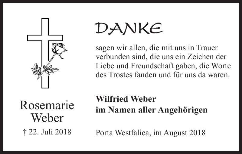  Traueranzeige für Rosemarie Weber vom 25.08.2018 aus Mindener Tageblatt