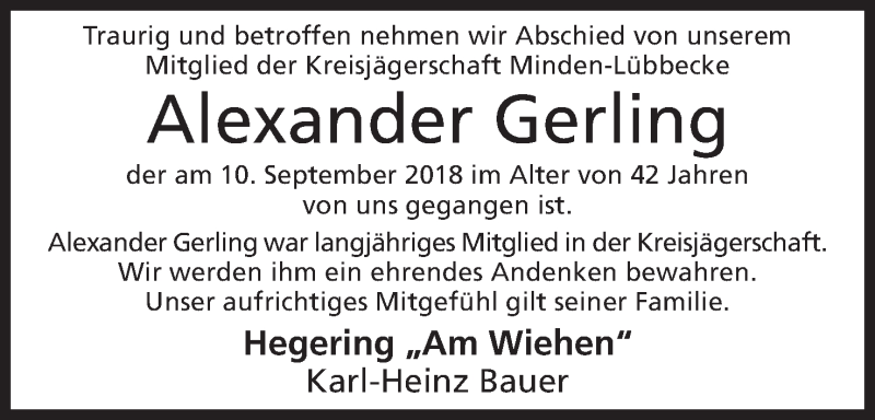 Traueranzeige für Alexander Gerling vom 19.09.2018 aus Mindener Tageblatt