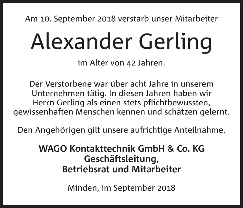  Traueranzeige für Alexander Gerling vom 17.09.2018 aus Mindener Tageblatt