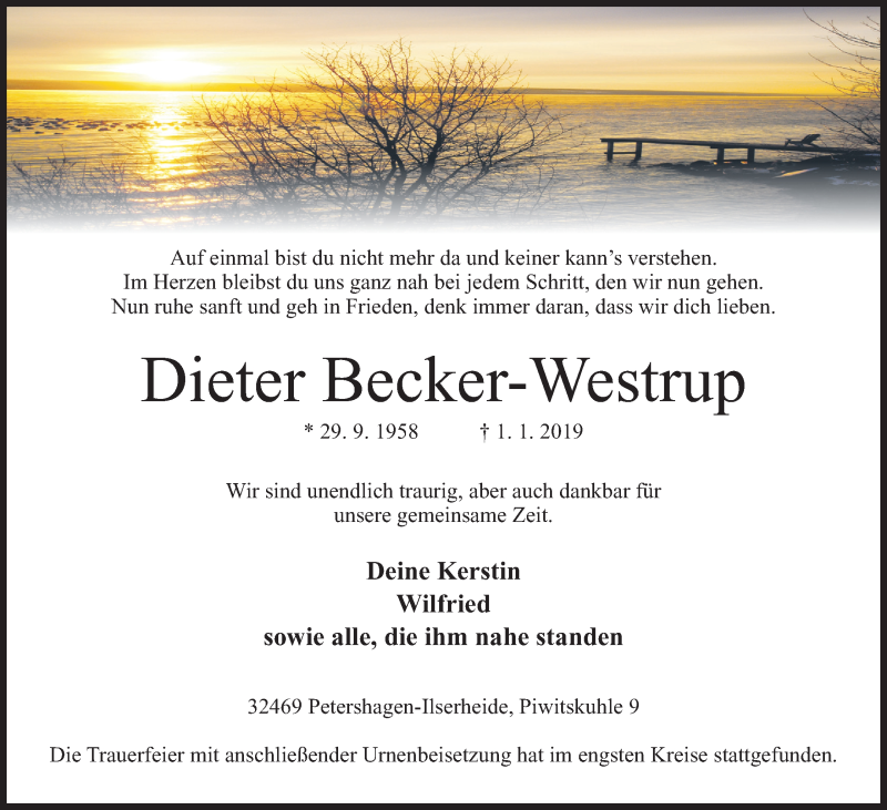  Traueranzeige für Dieter Becker-Westrup vom 12.01.2019 aus Mindener Tageblatt