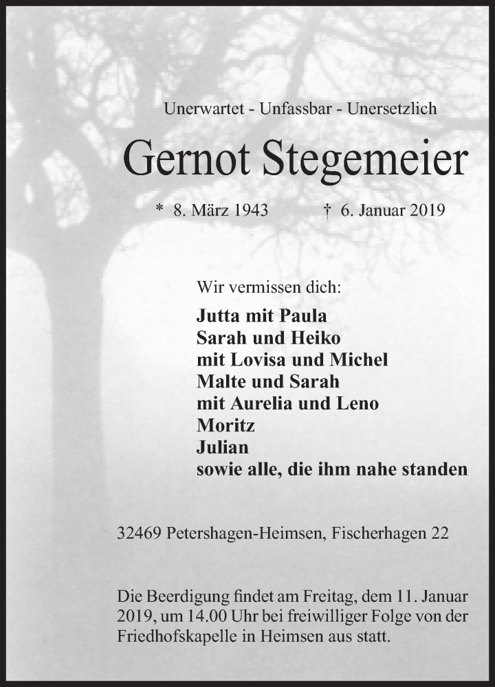  Traueranzeige für Gernot Stegemeier vom 08.01.2019 aus Mindener Tageblatt
