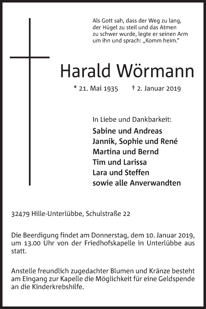  Traueranzeige für Harald Wörmann vom 05.01.2019 aus Mindener Tageblatt
