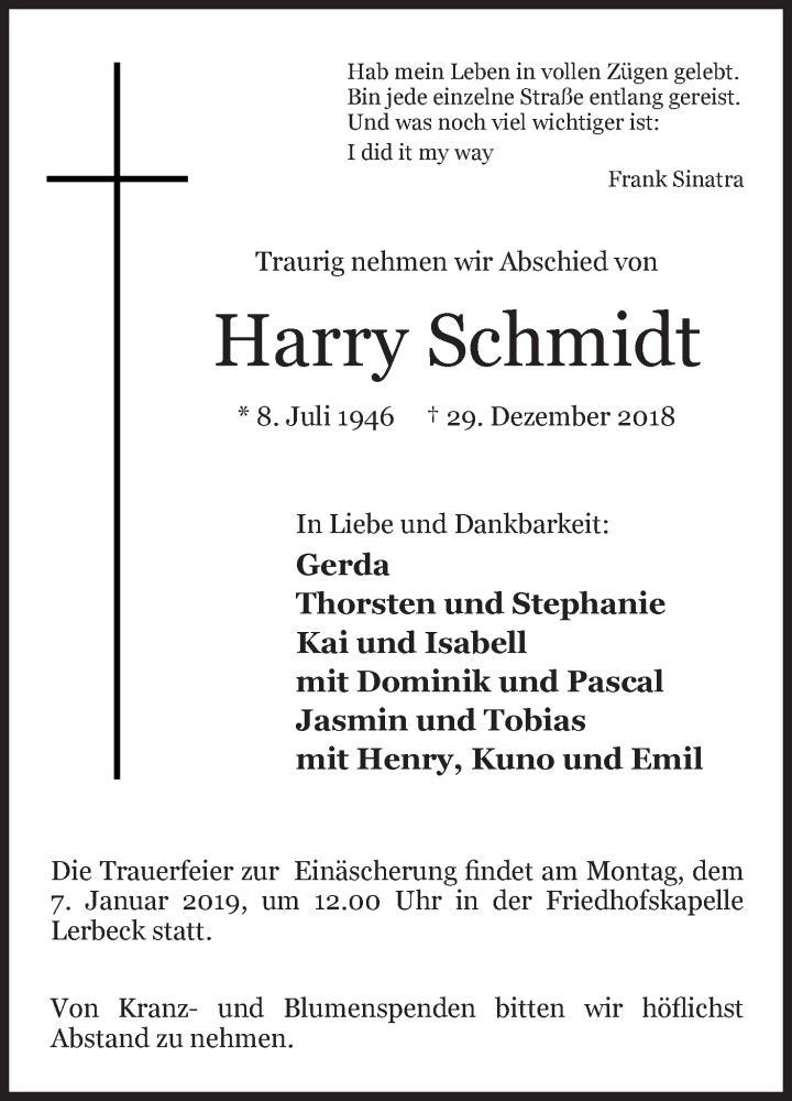  Traueranzeige für Harry Schmidt vom 03.01.2019 aus Mindener Tageblatt