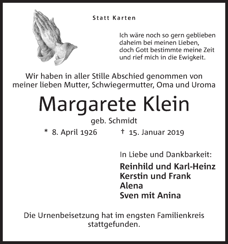  Traueranzeige für Margarete Klein vom 26.01.2019 aus Mindener Tageblatt