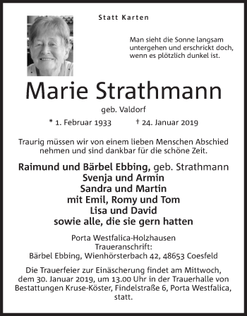Anzeige von Marie Strathmann von Mindener Tageblatt