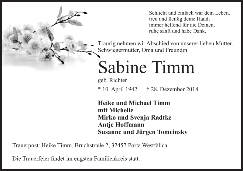  Traueranzeige für Sabine Timm vom 05.01.2019 aus Mindener Tageblatt