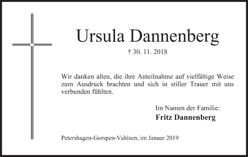 Traueranzeige für Ursula Dannenberg vom 05.01.2019 aus Mindener Tageblatt