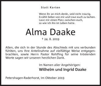Anzeige von Alma Daake von Mindener Tageblatt