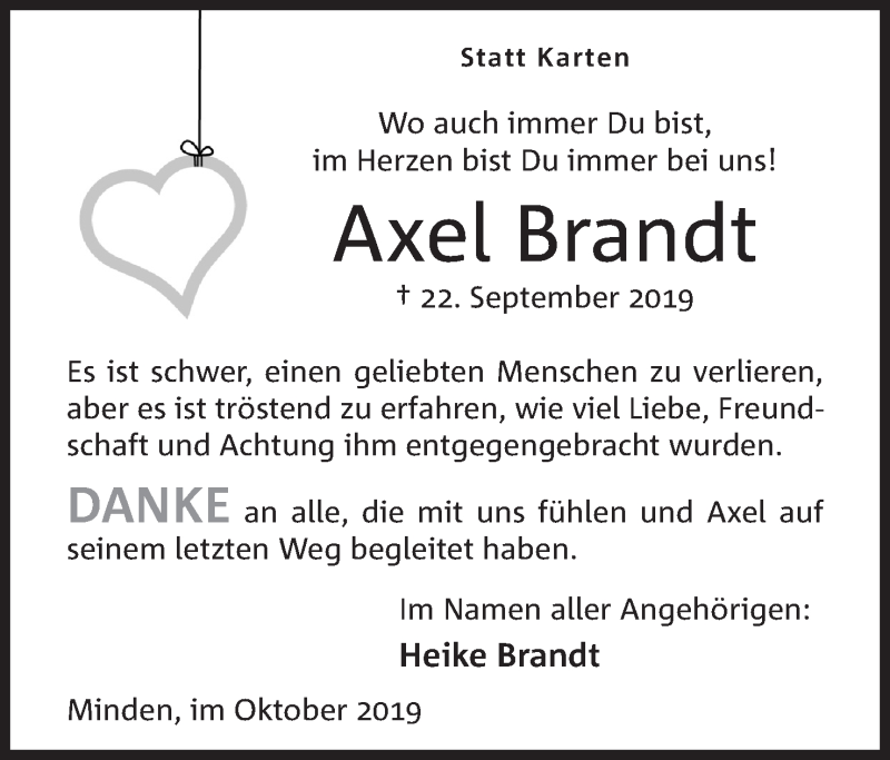  Traueranzeige für Axel Brandt vom 26.10.2019 aus Mindener Tageblatt
